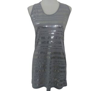 Girl Talk Silver Sequin Embellished Gray Tunic Upscale Casual Tank Top Shirt